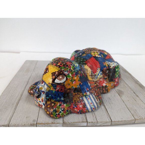 Vintage Patchwork Puppy Dog Decoupage Doorstop Statue Quilted Chalkware 13 1/2" - Picture 1 of 6
